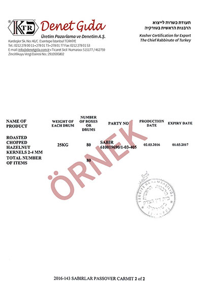 Kosher Certificate for a batch production or Passover